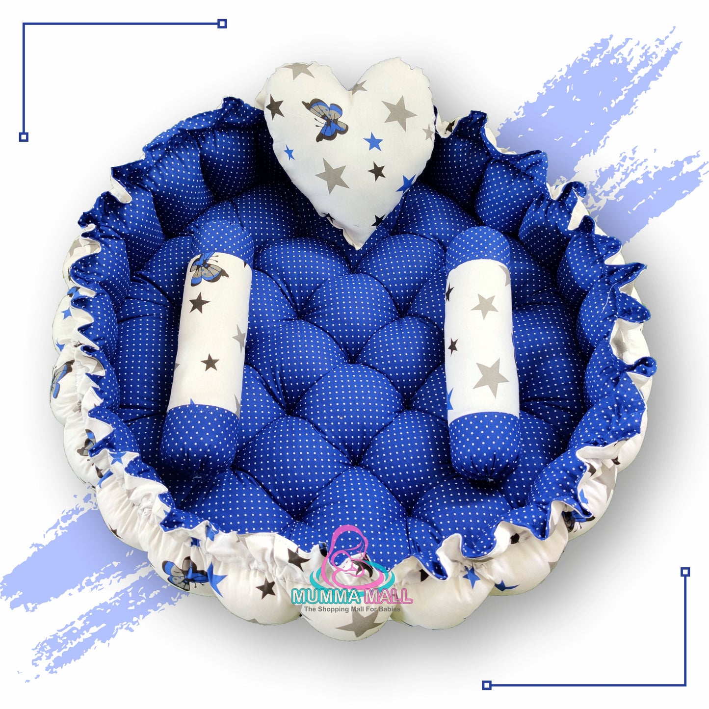 Round baby tub bed with a heart pillow and pair of Bolster (Blue and White)