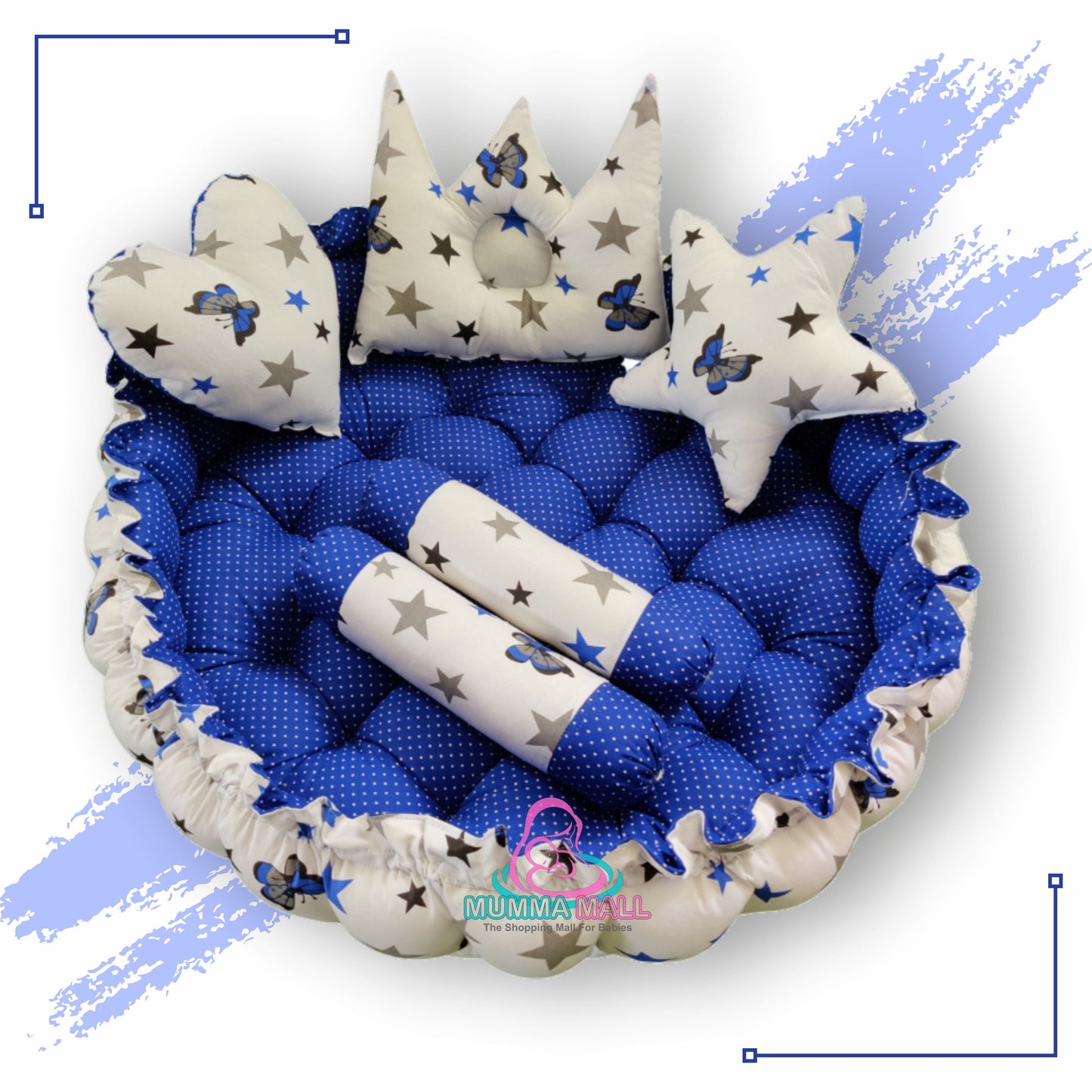 Round baby tub bed with set of 5 pillows as neck support, side support and toy (Blue and White)