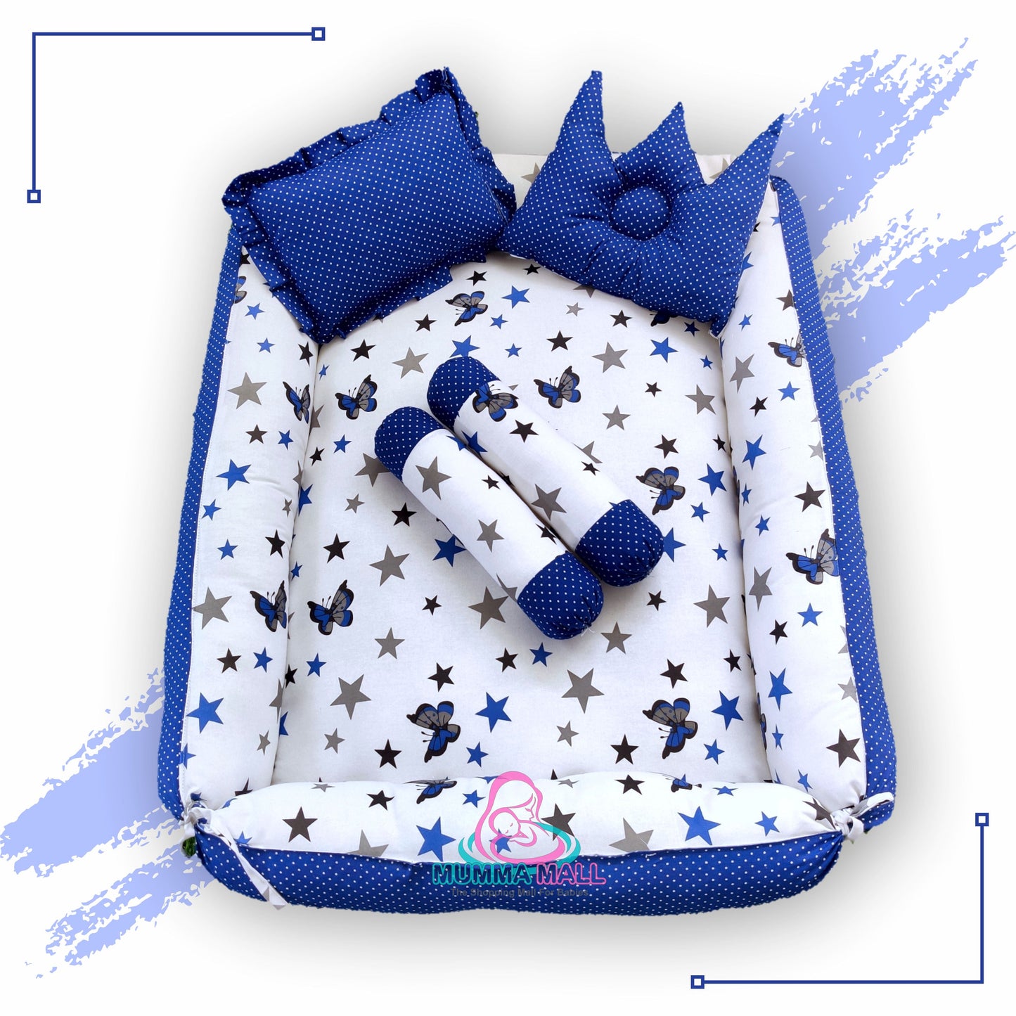 Baby box mattress with blanket and set of 4 pillows as neck support, side support and toy (Blue and White)