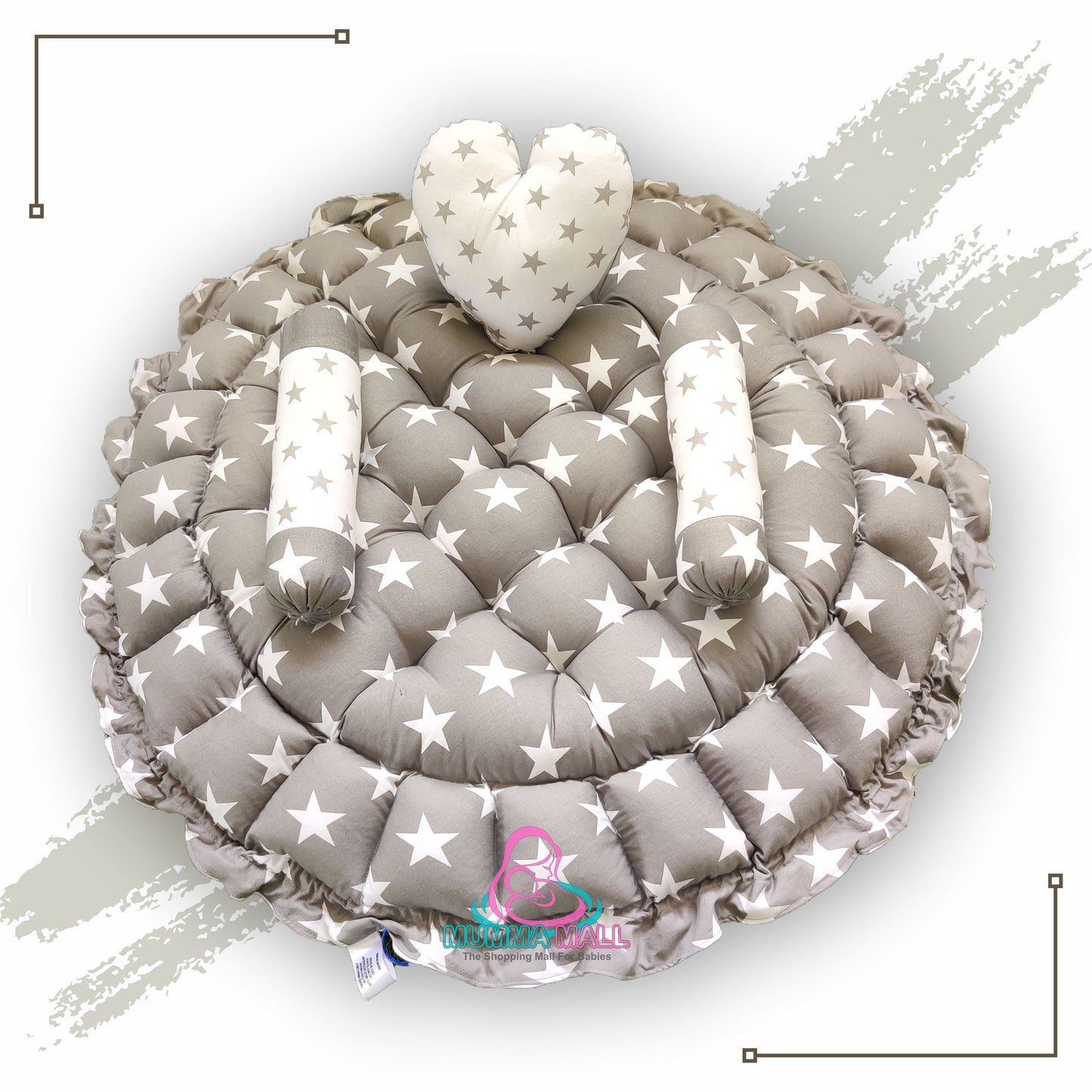 Round baby tub bed with a heart pillow and pair of Bolster (Grey and White)