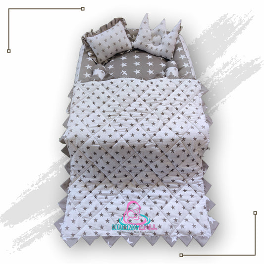 Baby box mattress with blanket and set of 4 pillows as neck support, side support and toy (Grey and White)