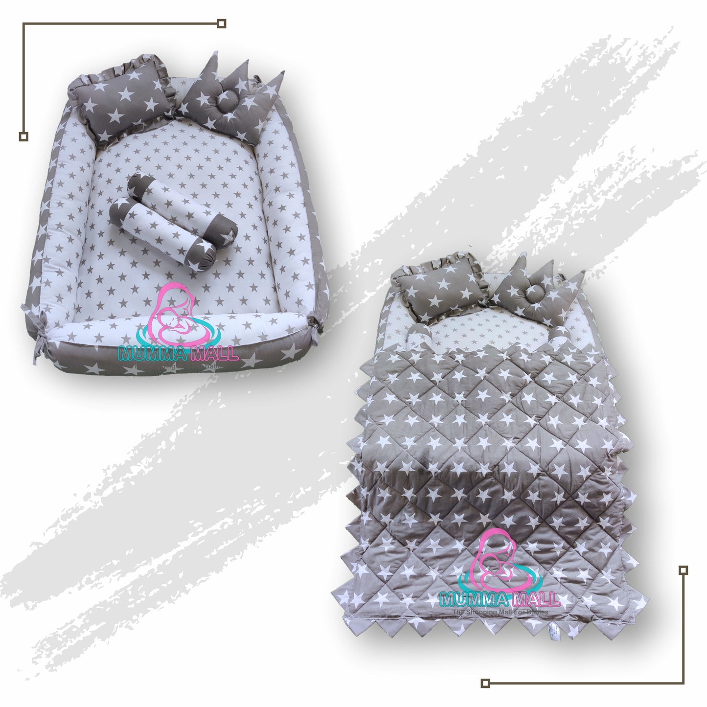 Baby box mattress with blanket and set of 4 pillows as neck support, side support and toy (Grey and White)