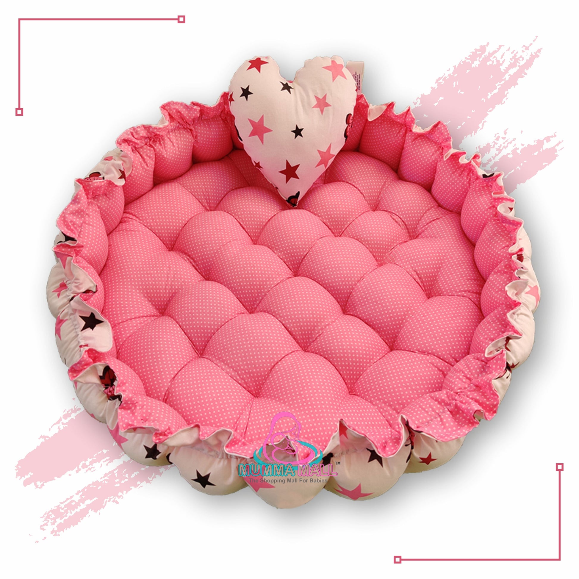 Round baby tub bed with a heart pillow (Pink and White)