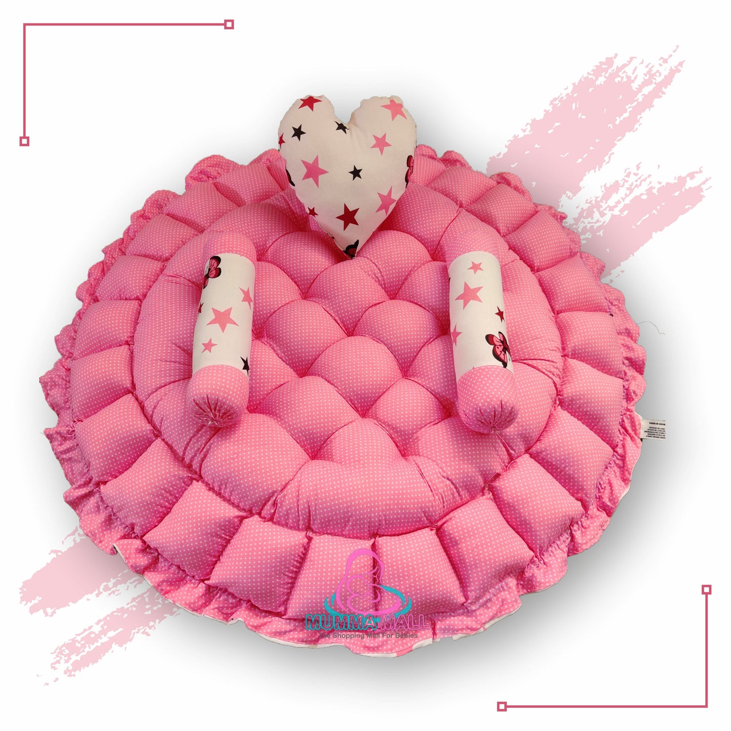 Round baby tub bed with a heart pillow and pair of Bolster (Pink and White)