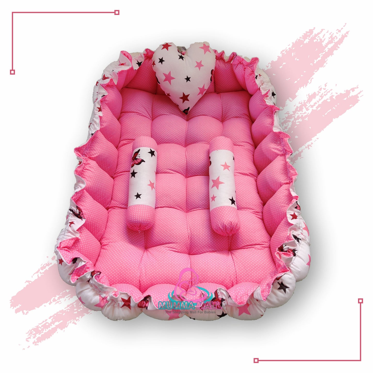 Rectangle baby tub bed with a heart pillow and pair of Bolster (Pink and White)