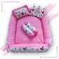 Baby box mattress with blanket and set of 4 pillows as neck support, side support and toy (Pink and White)