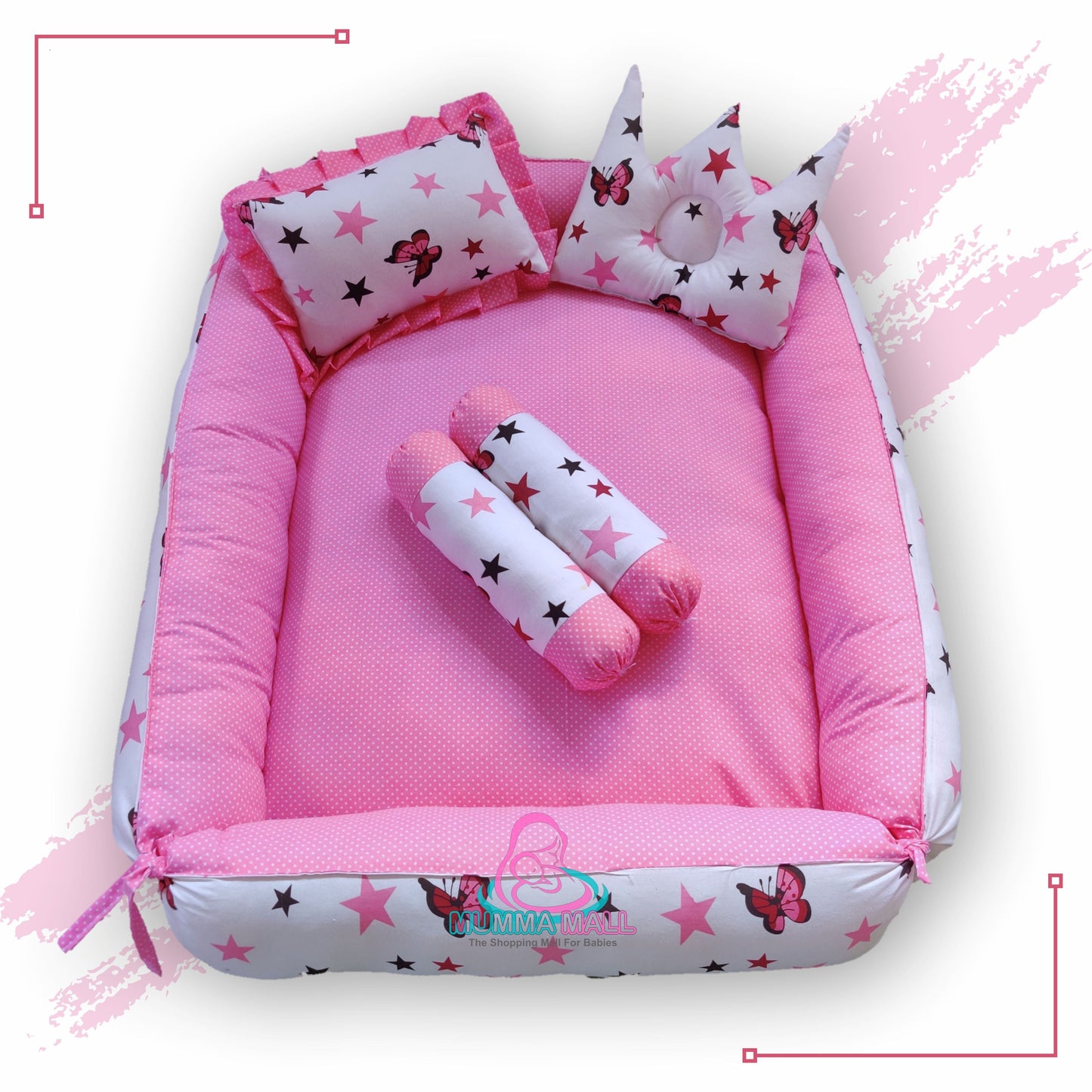 Baby box mattress with blanket and set of 4 pillows as neck support, side support and toy (Pink and White)