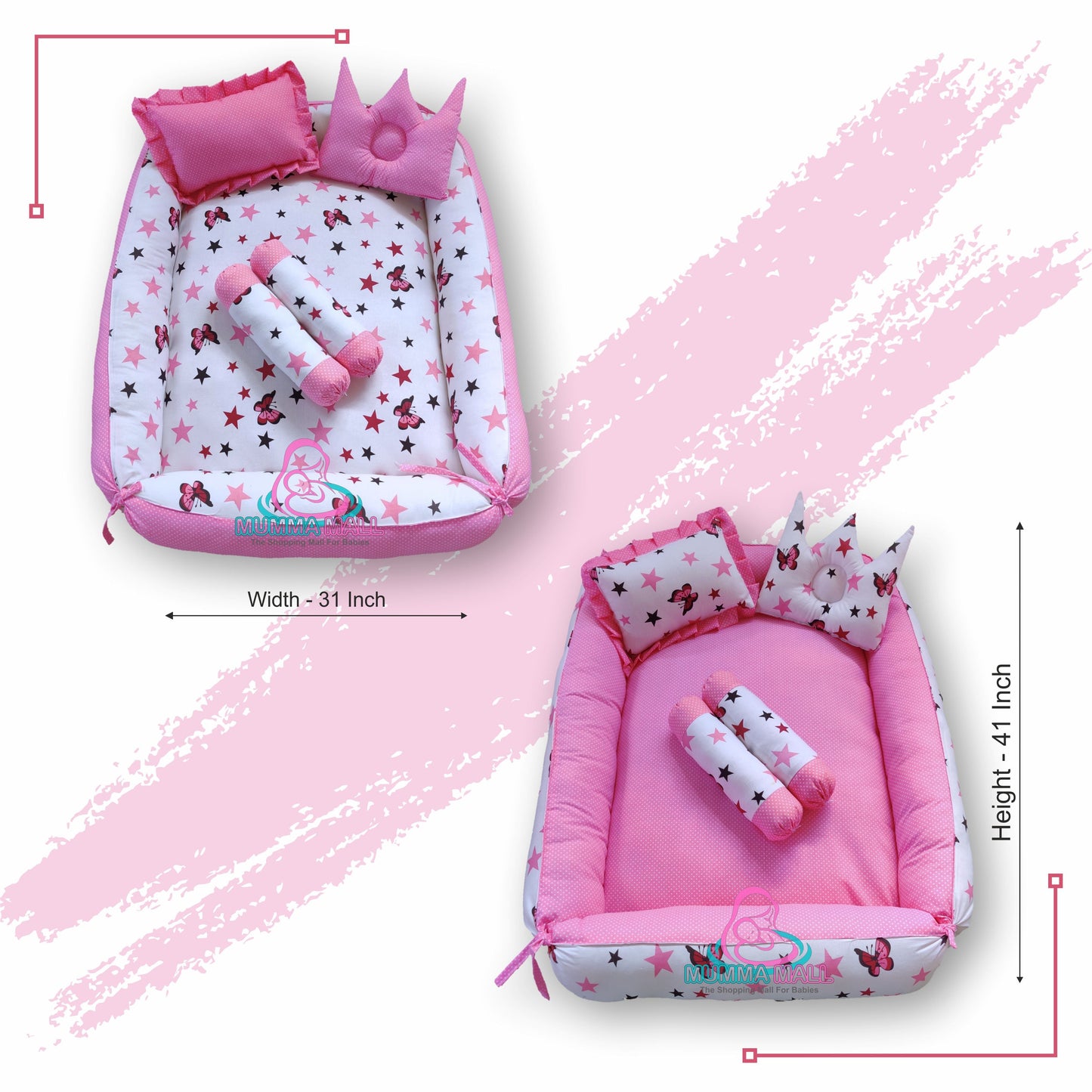 Baby box mattress set with set of 4 pillows as neck support, side support and toy (Pink and White)