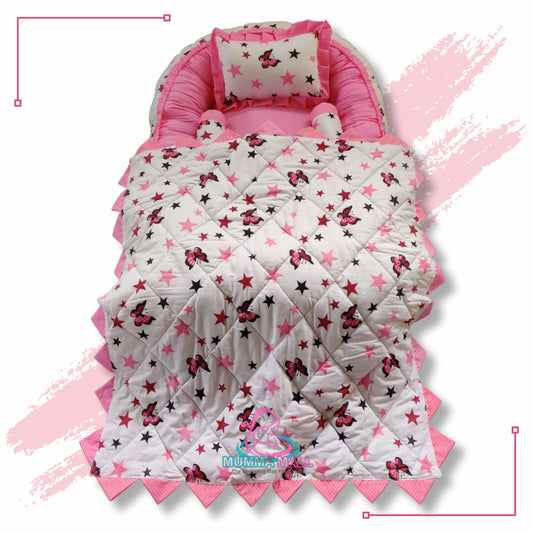 Baby nest bedding with blanket and set of 3 pillows as neck support, side support and toy (Pink and White)