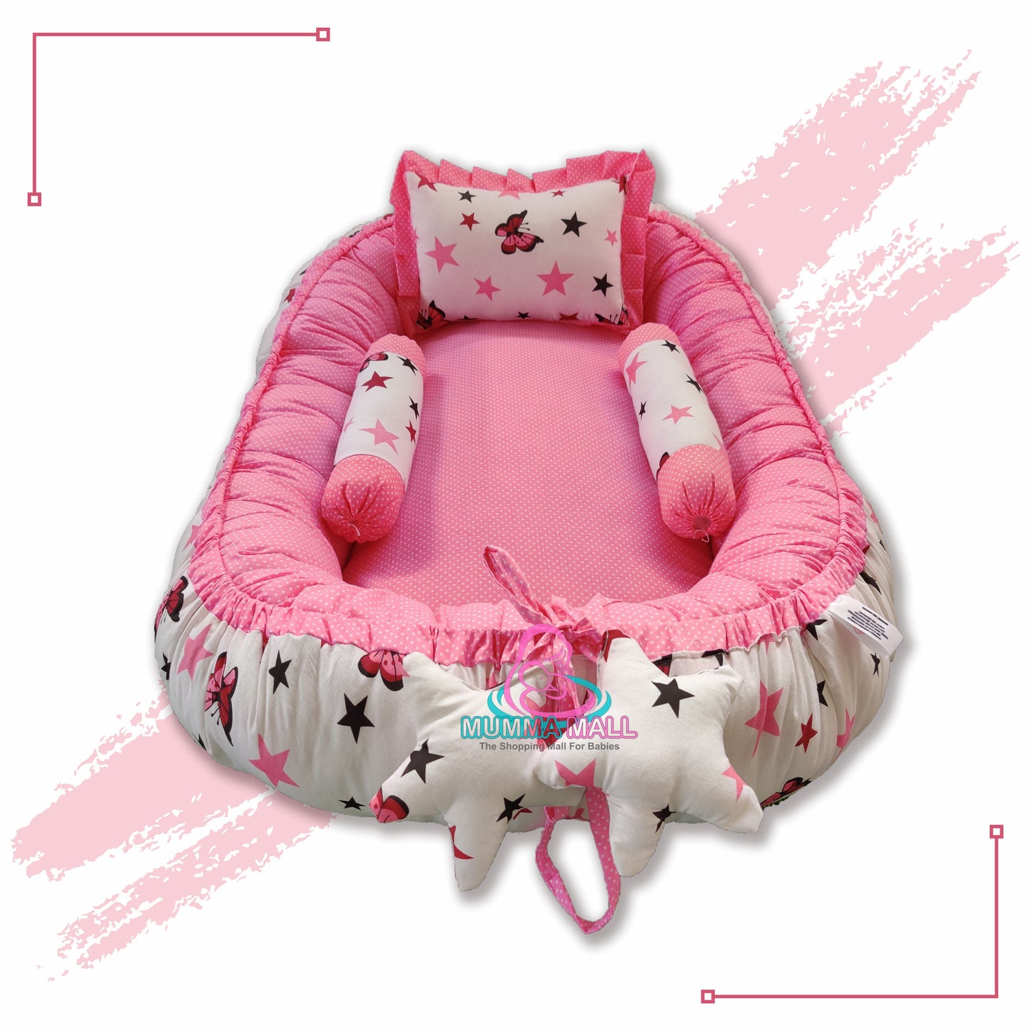 Baby nest bedding with blanket and set of 3 pillows as neck support, side support and toy (Pink and White)