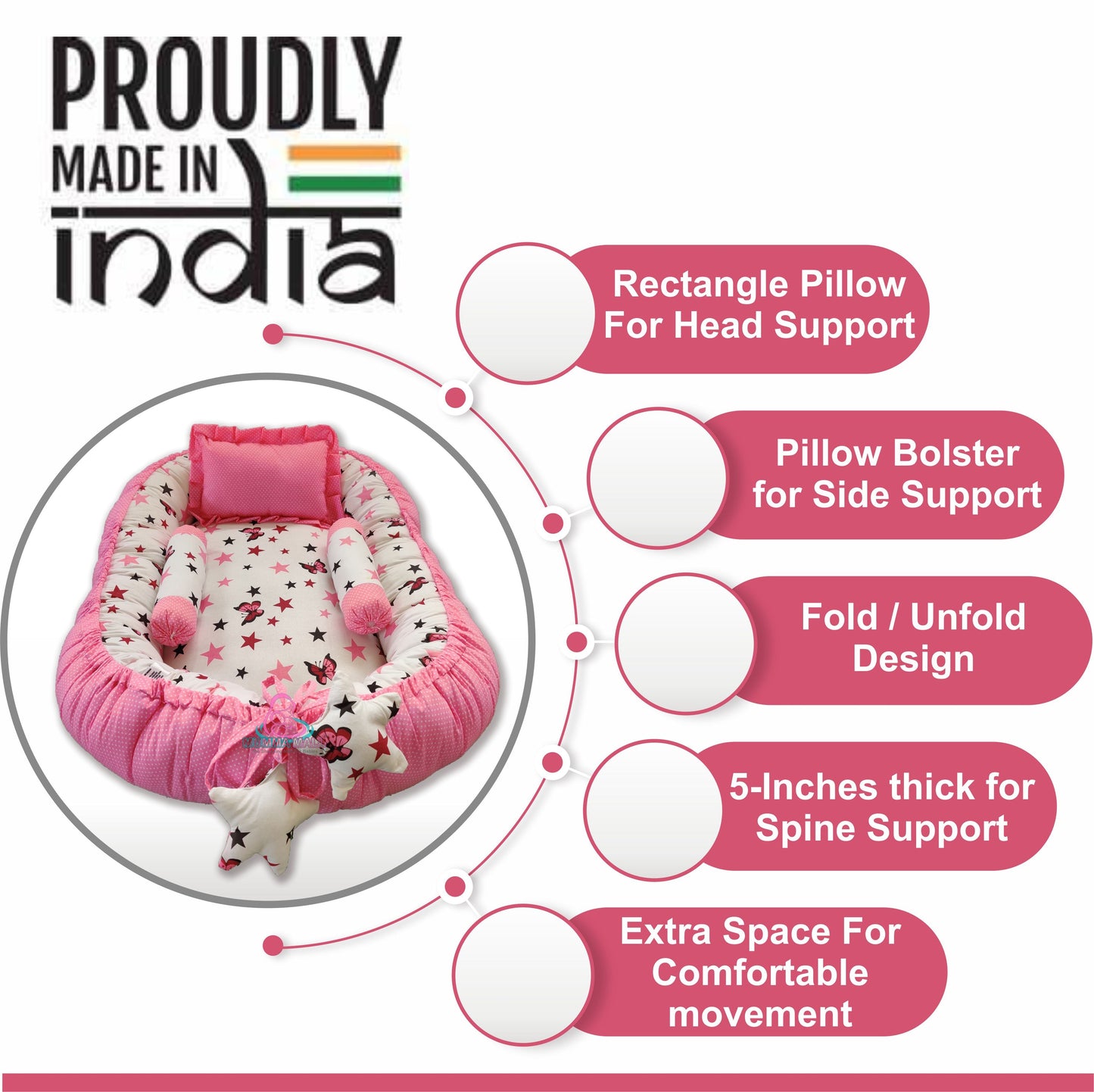 Baby nest bedding with blanket and set of 3 pillows as neck support, side support and toy (Pink and White)