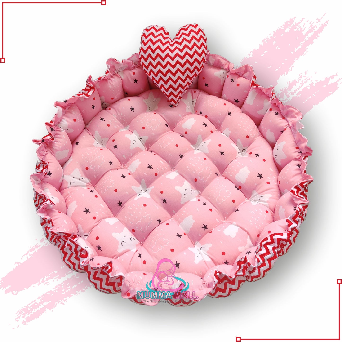 Round baby tub bed with a heart pillow (Pink and Red)