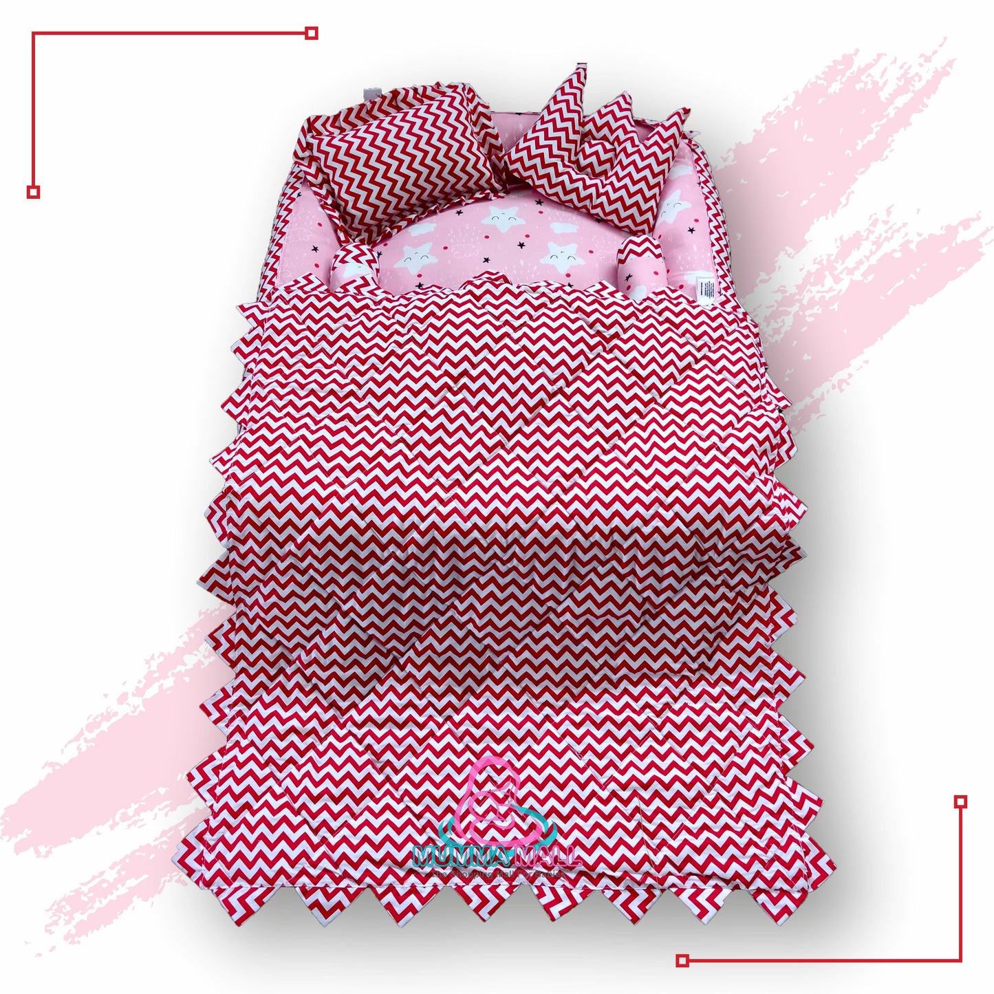 Baby box mattress with blanket and set of 4 pillows as neck support, side support and toy (Pink and Red)