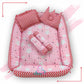 Baby box mattress with blanket and set of 4 pillows as neck support, side support and toy (Pink and Red)