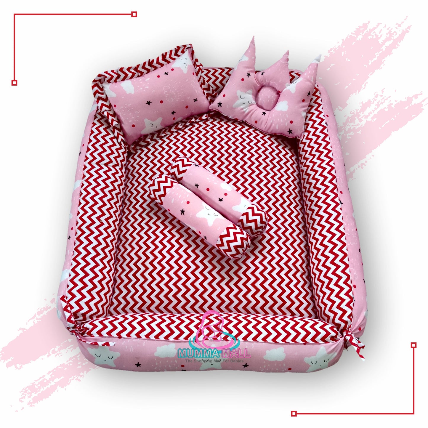 Baby box mattress with blanket and set of 4 pillows as neck support, side support and toy (Pink and Red)