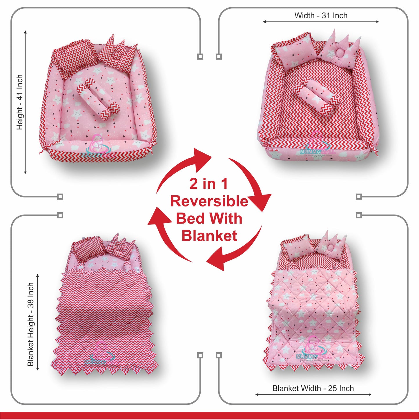 Baby box mattress with blanket and set of 4 pillows as neck support, side support and toy (Pink and Red)