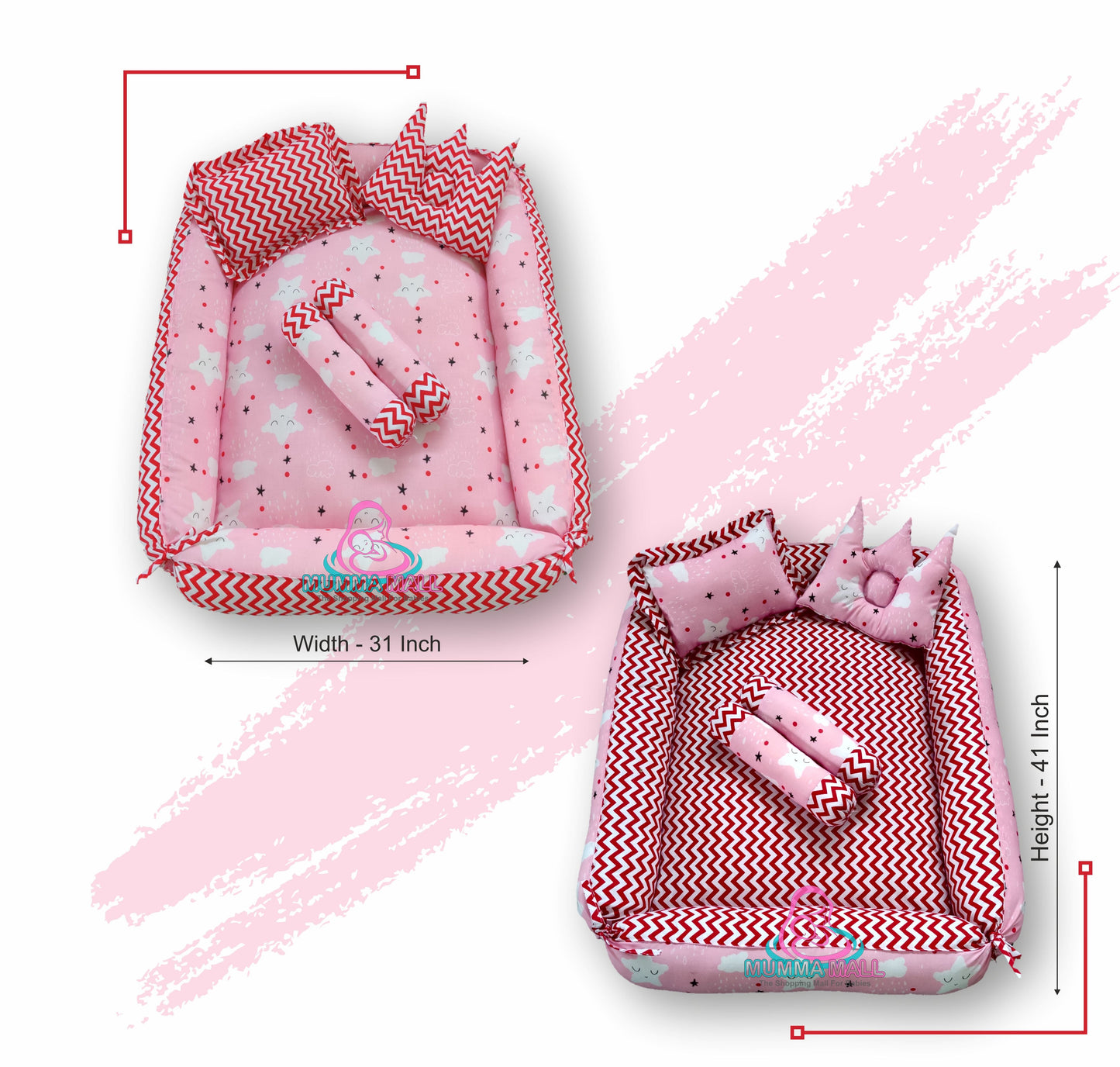 Baby box mattress set with set of 4 pillows as neck support, side support and toy (Pink and Red)