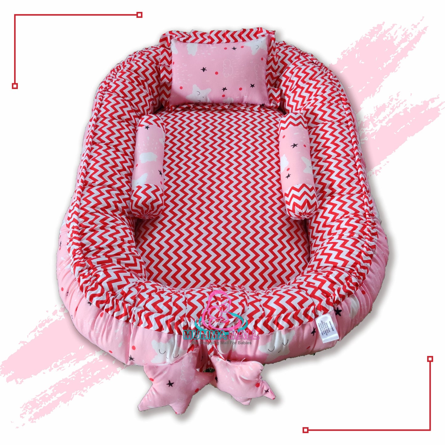 Baby nest bedding set with set of 3 pillows as neck support, side support and toy (Pink and Red)