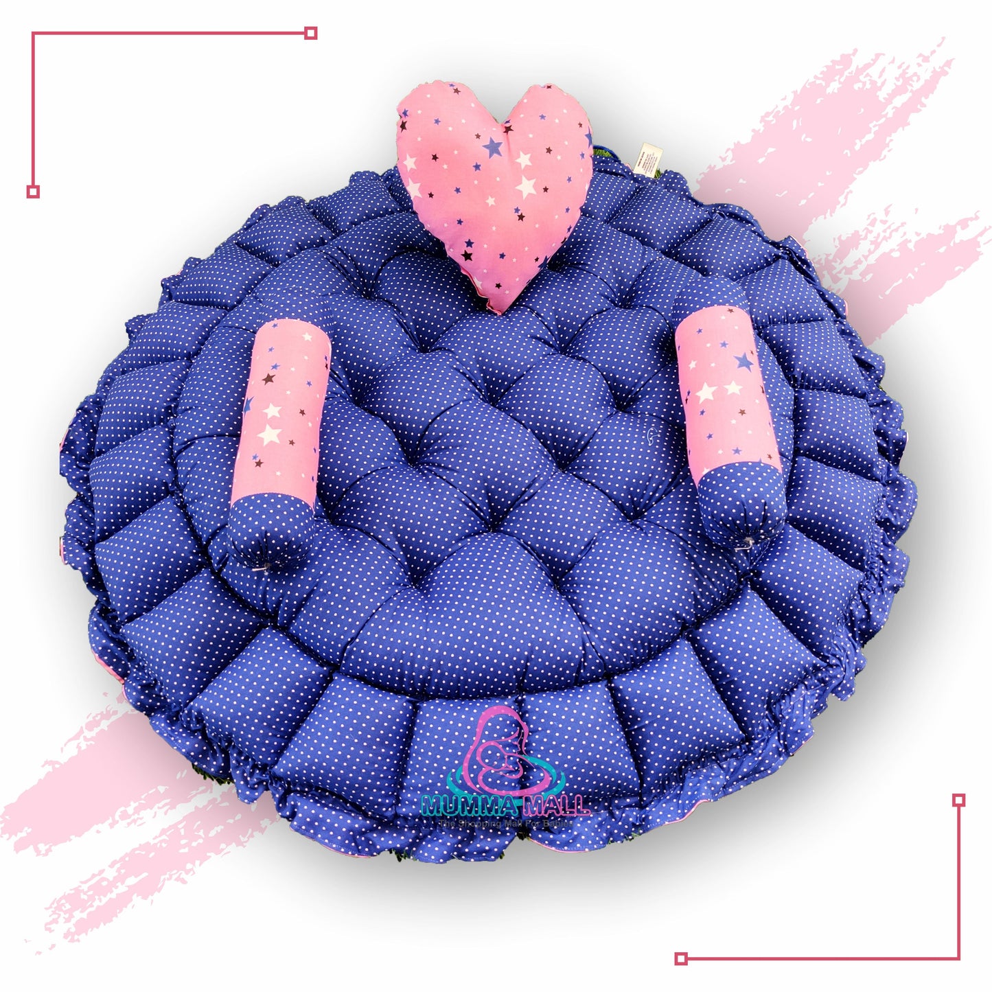 Round baby tub bed with a heart pillow and pair of Bolster (Pink and Blue)