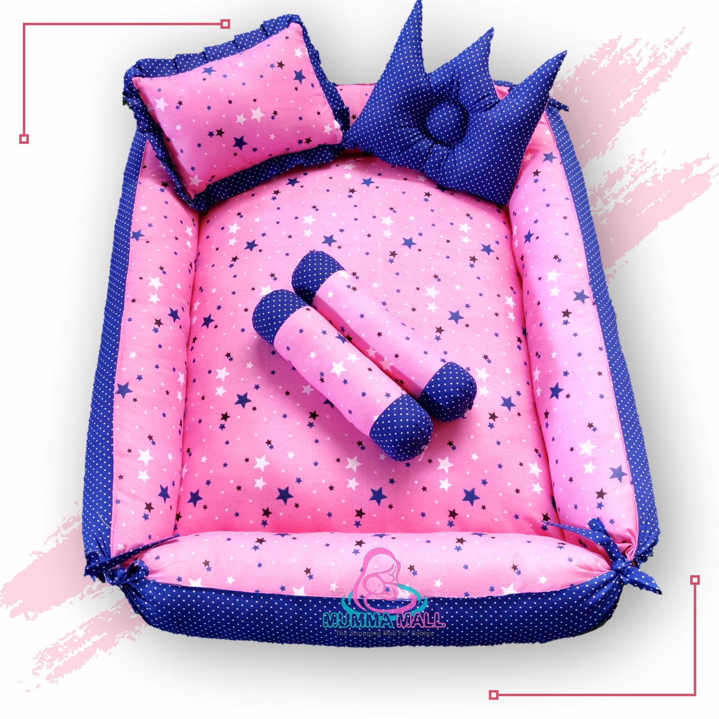 Baby box mattress with blanket and set of 4 pillows as neck support, side support and toy (Pink and Blue)