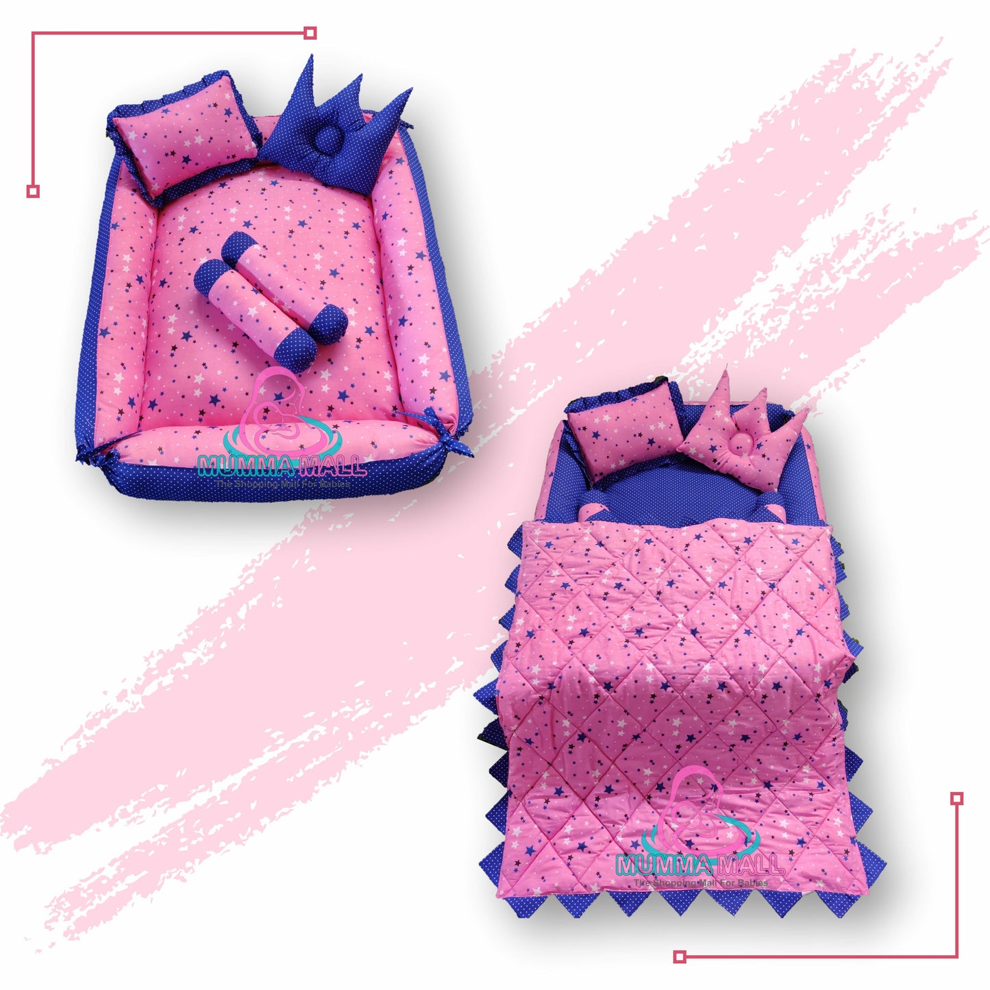 Baby box mattress with blanket and set of 4 pillows as neck support, side support and toy (Pink and Blue)