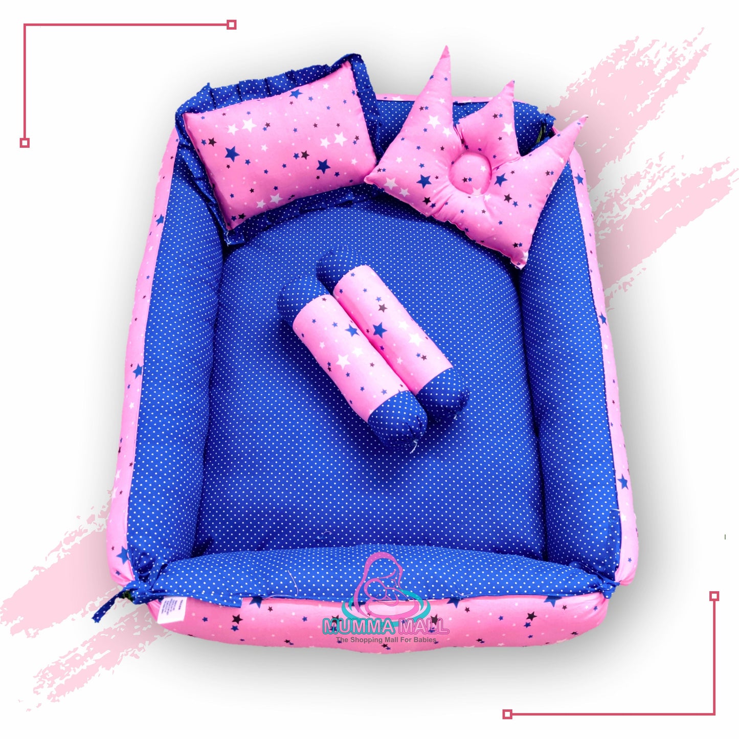 Baby box mattress set with set of 4 pillows as neck support, side support and toy (Pink and Blue)