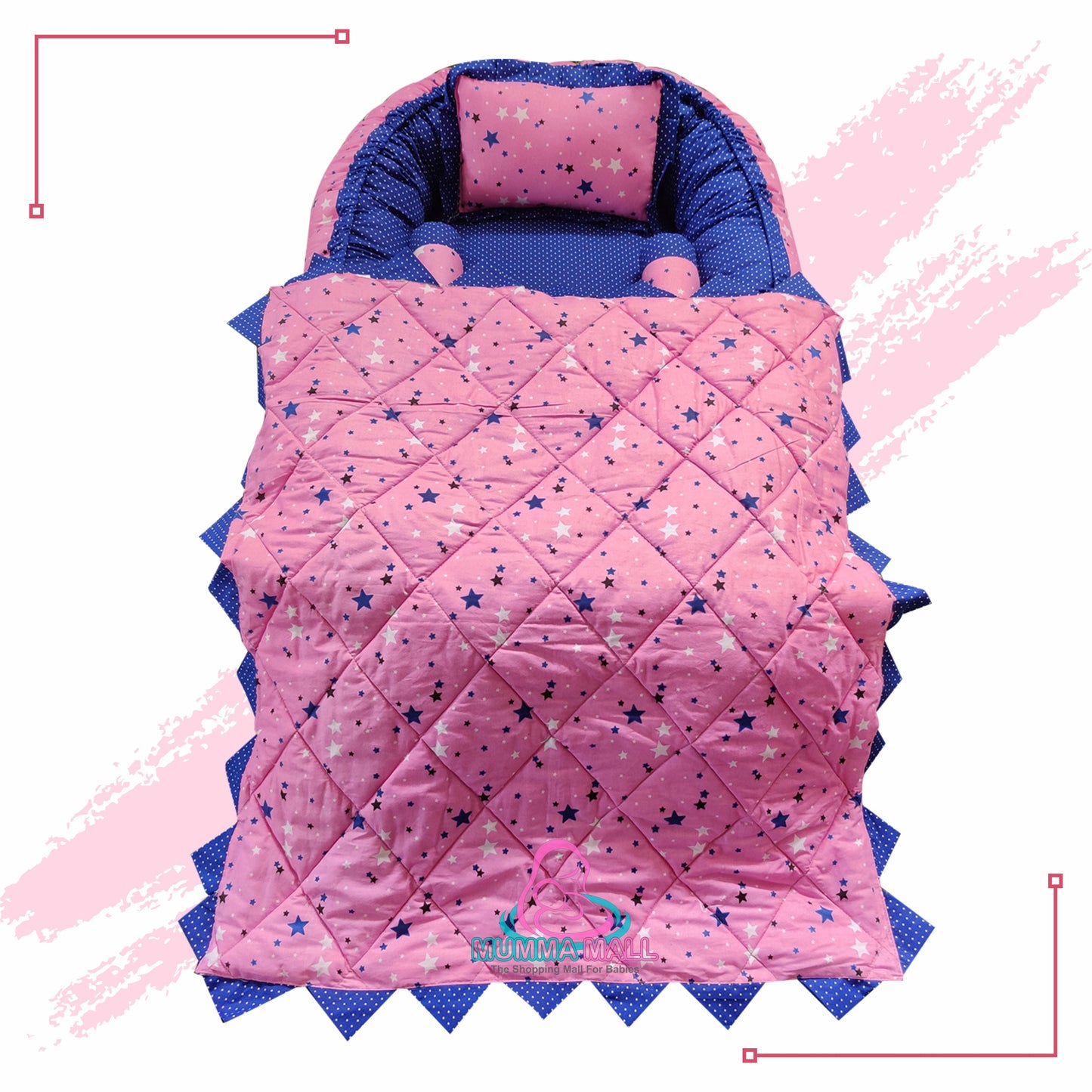 Baby nest bedding with blanket and set of 3 pillows as neck support, side support and toy (Pink and Blue)