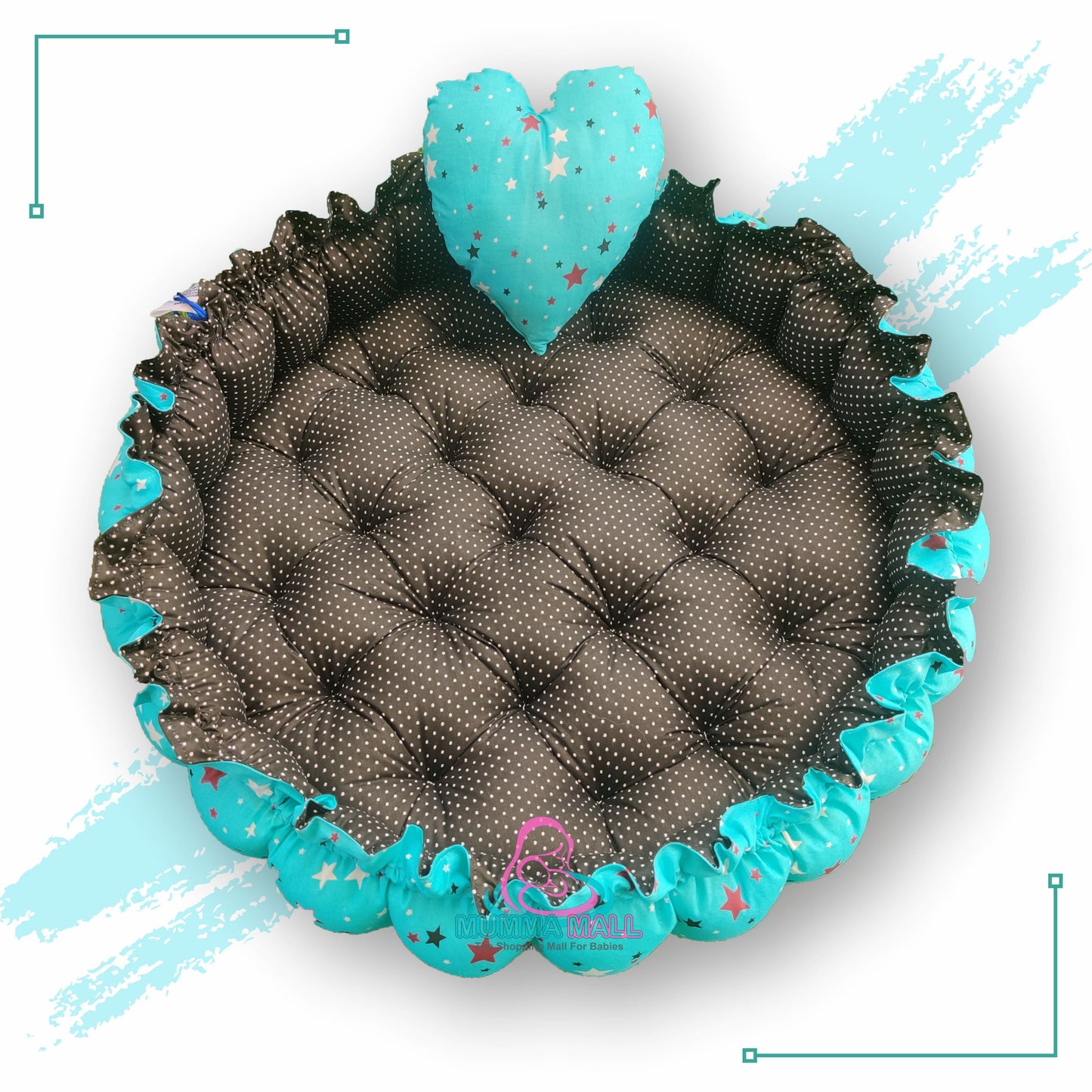 Round baby tub bed with a heart pillow (Turquoise and Black)