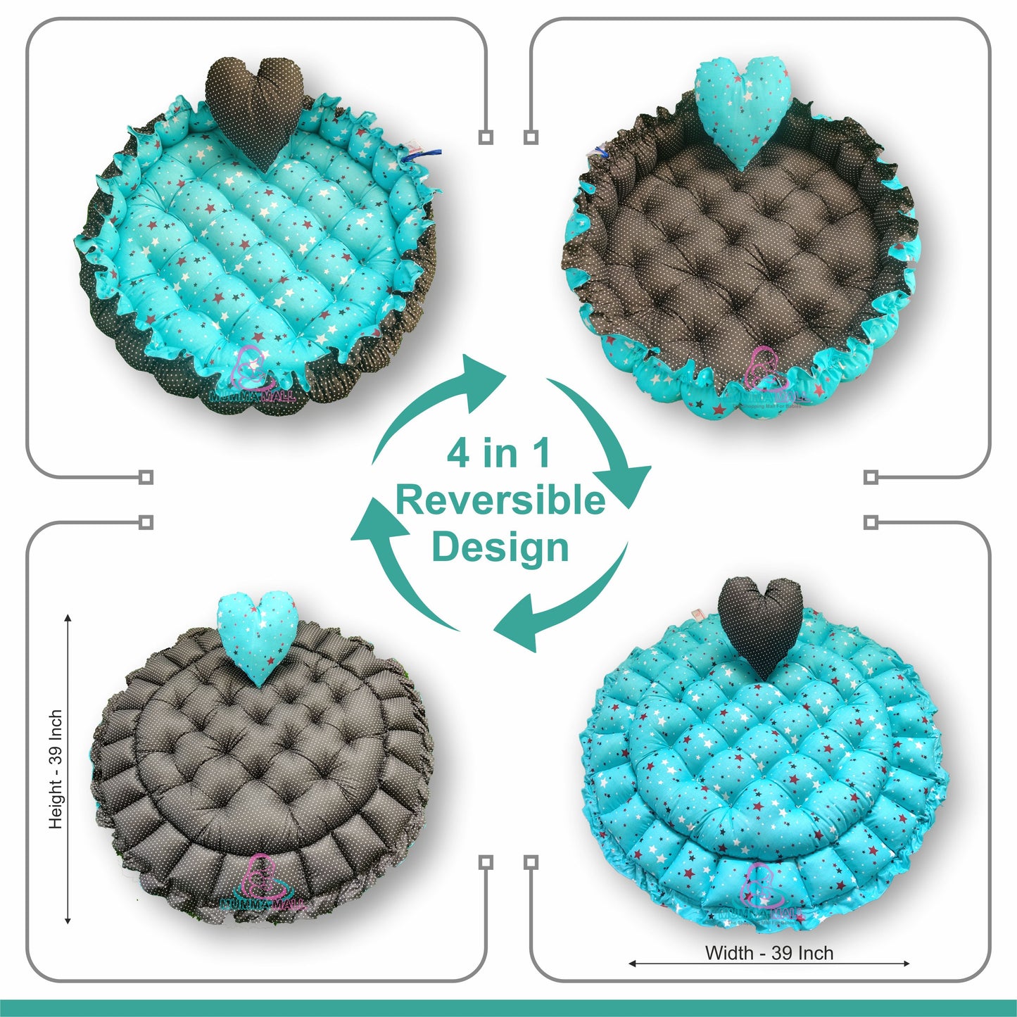 Round baby tub bed with a heart pillow (Turquoise and Black)