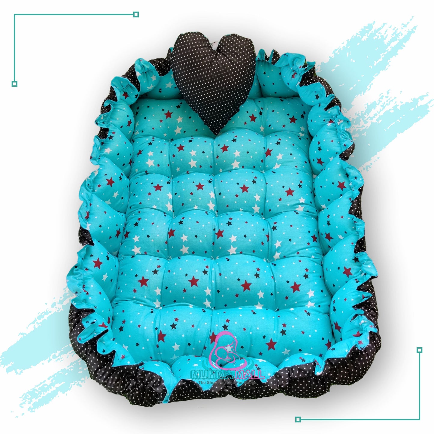 Rectangle baby tub bed with a heart pillow (Turquoise and Black)