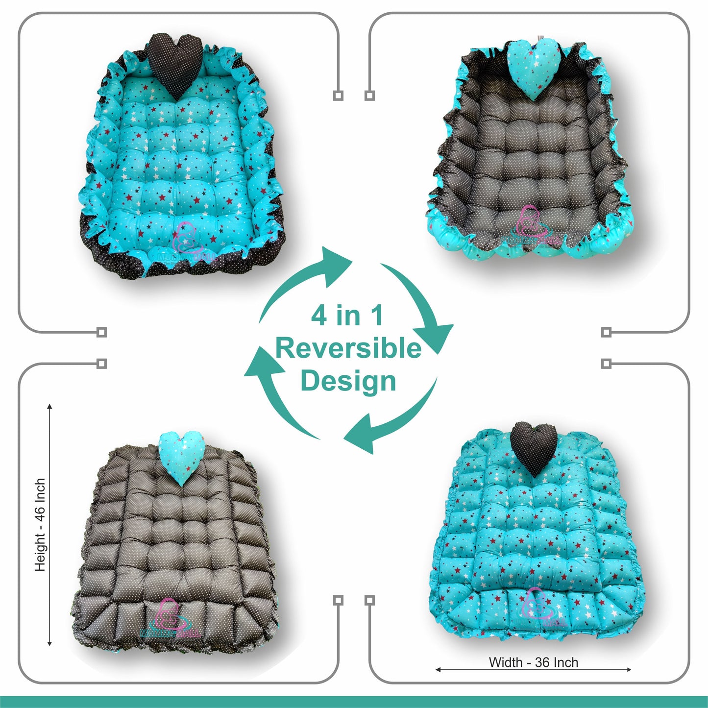 Rectangle baby tub bed with a heart pillow (Turquoise and Black)