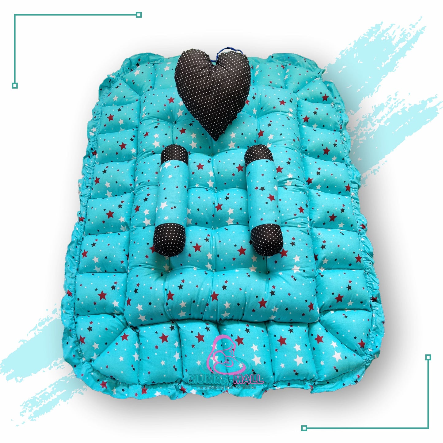 Rectangle baby tub bed with a heart pillow and pair of Bolster (Turquoise and Black)