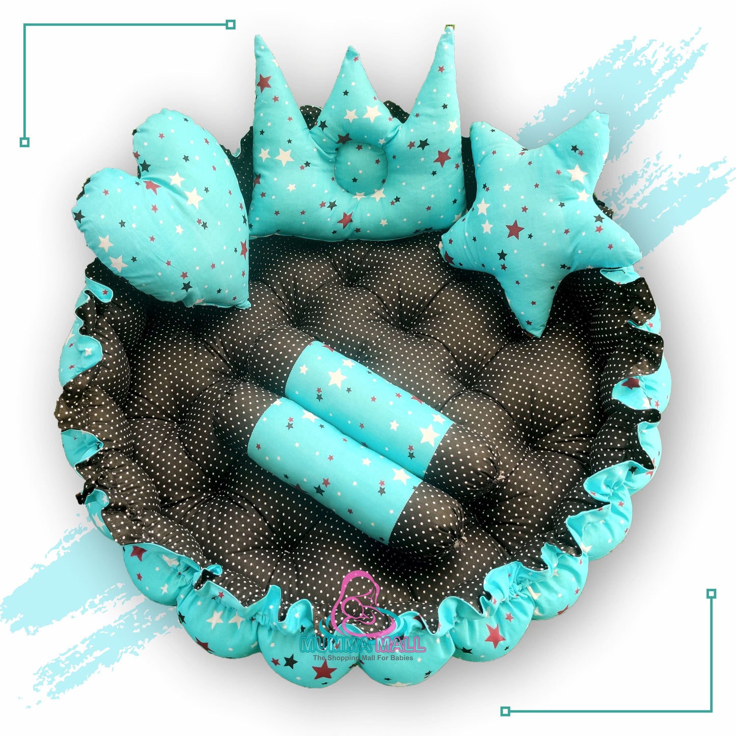 Round baby tub bed with blanket and set of 5 pillows as neck support, side support and toy (Turquoise and Black)