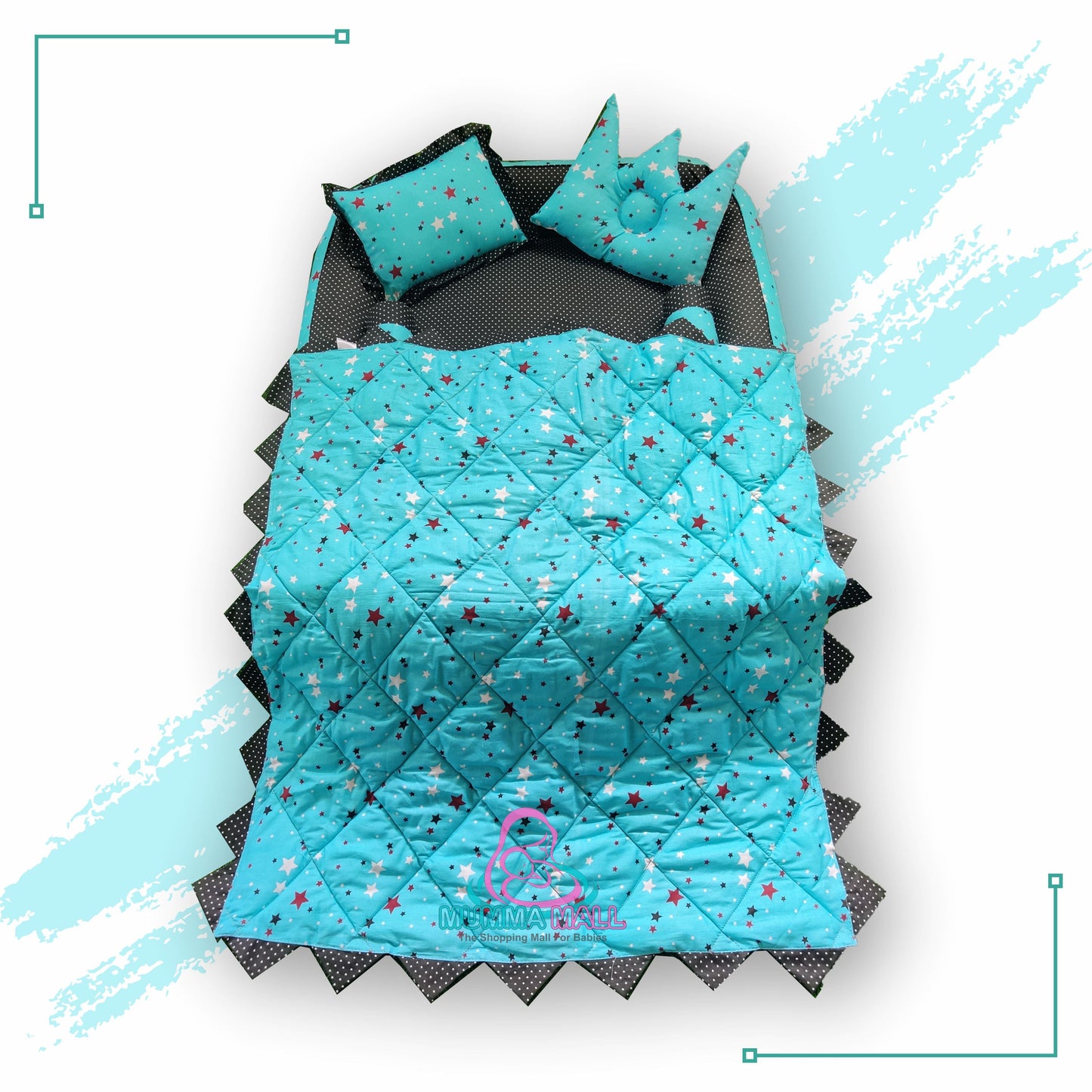 Baby box mattress with blanket and set of 4 pillows as neck support, side support and toy (Turquoise and Black)