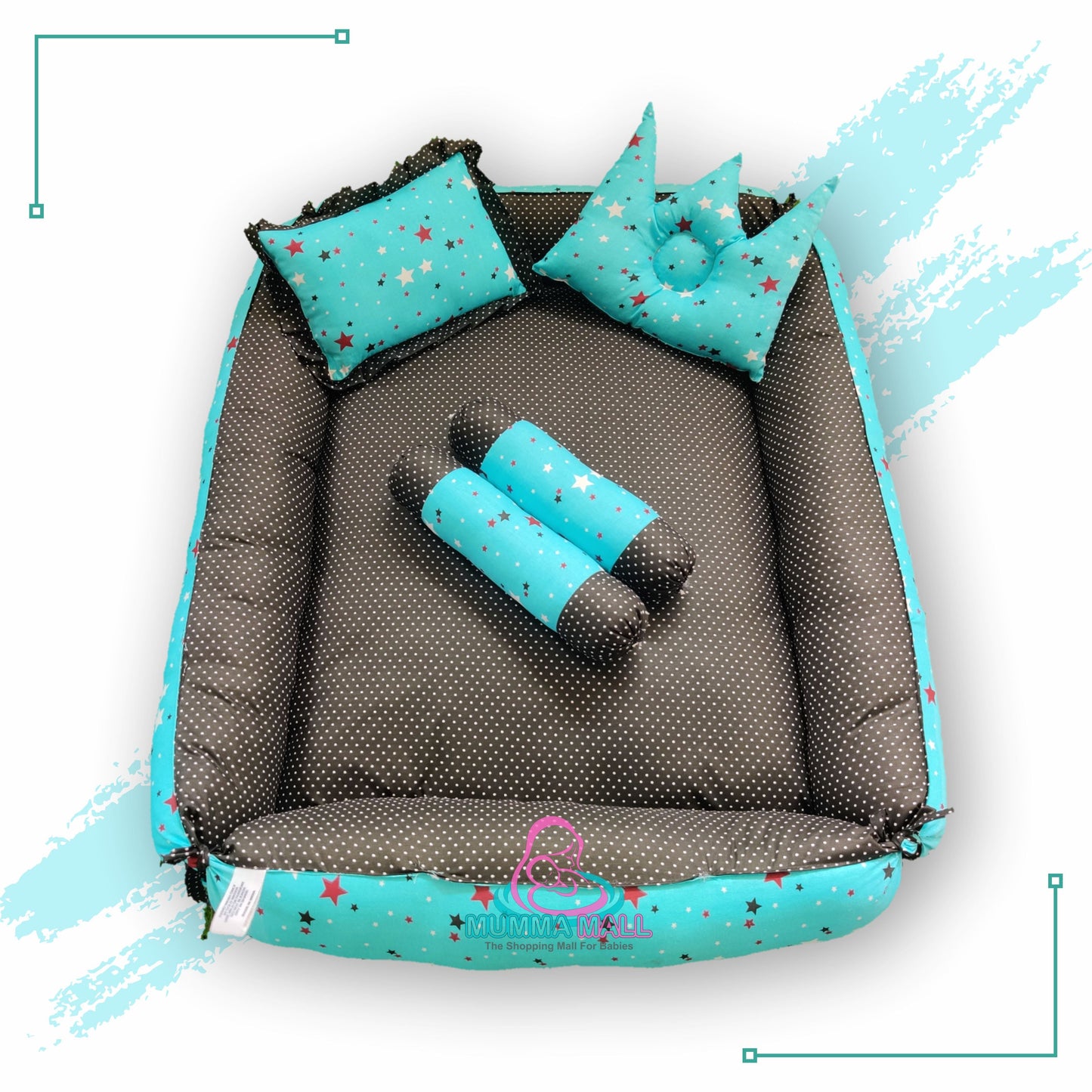 Baby box mattress with blanket and set of 4 pillows as neck support, side support and toy (Turquoise and Black)