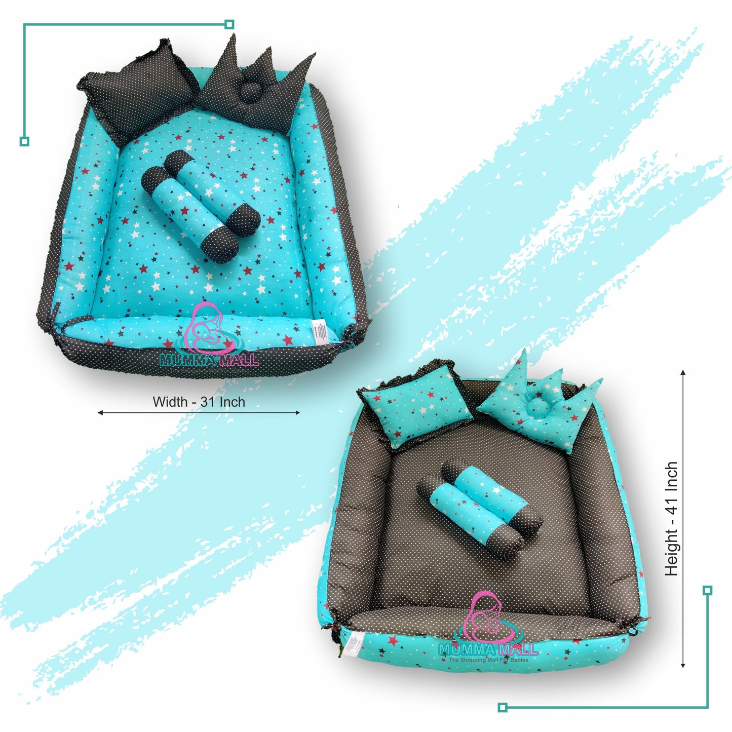 Baby box mattress set with set of 4 pillows as neck support, side support and toy (Turquoise and Black)