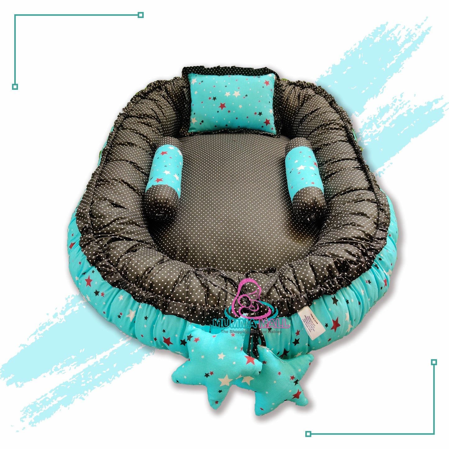 Baby nest bedding with blanket and set of 3 pillows as neck support, side support and toy (Turquoise and Black)