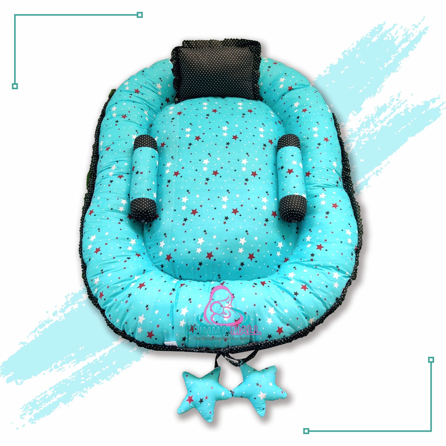 Baby nest bedding set with set of 3 pillows as neck support, side support and toy (Turquoise and Black)