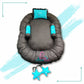 Baby nest bedding set with set of 3 pillows as neck support, side support and toy (Turquoise and Black)